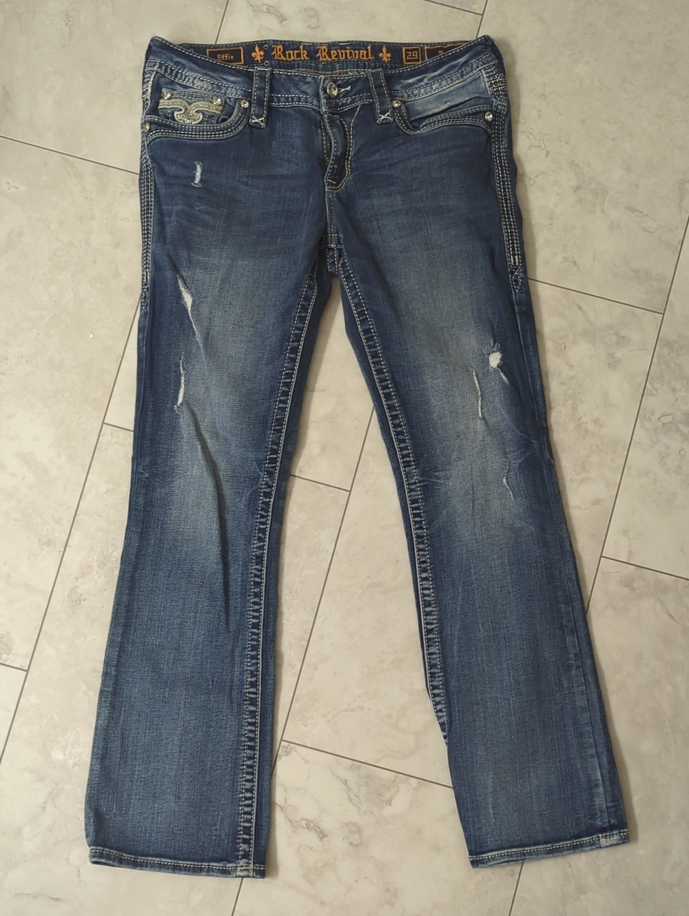 Rock Revival Women's Faded Blue Bootcut Jeans with Distressing